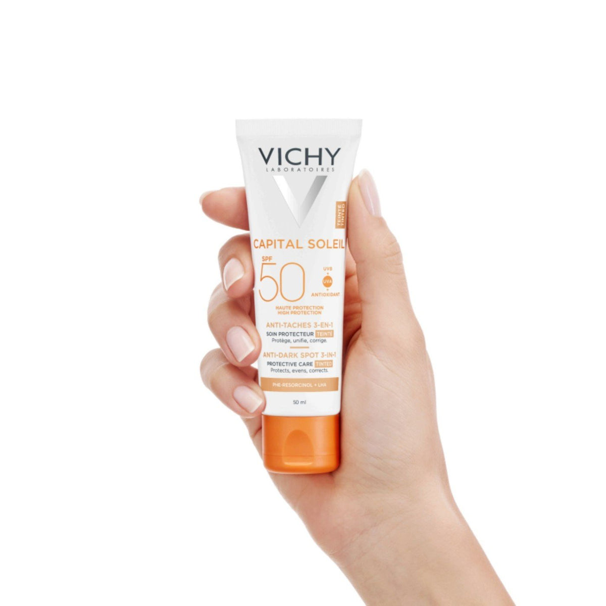 Vichy Capital Soleil, hand holding the tube