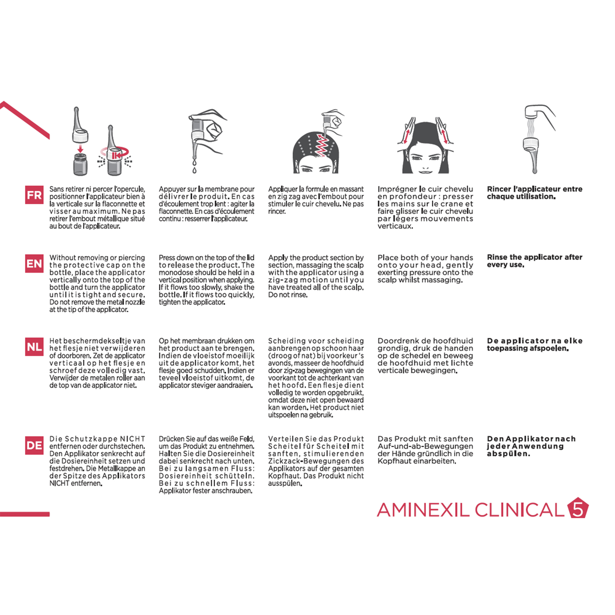 Vichy Dercos Aminexil, how-to-use steps in four languages