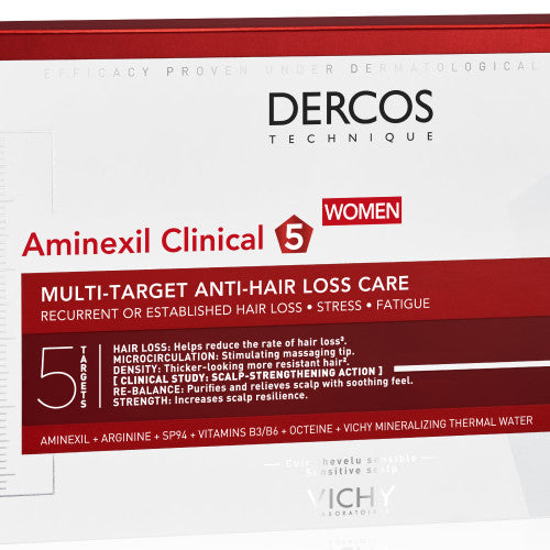 Vichy Dercos Aminexil Clinical 5 Women Anti-Hair Loss Ampoules 21 Doses, packaging detail