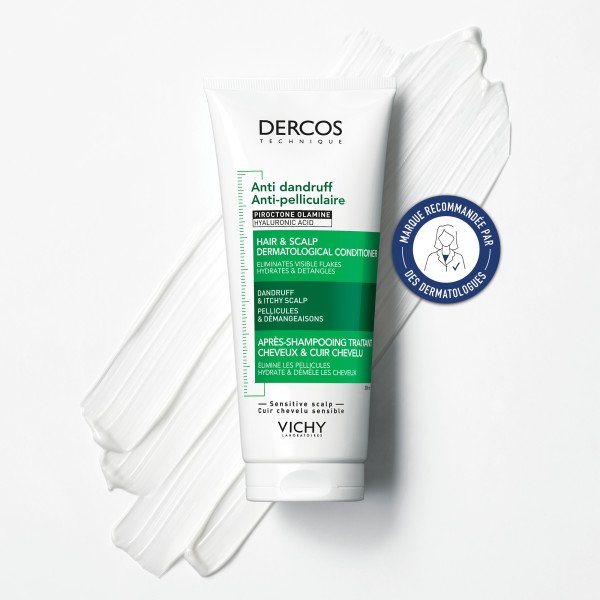Vichy Dercos, tube on a cream swatch with a badge in French