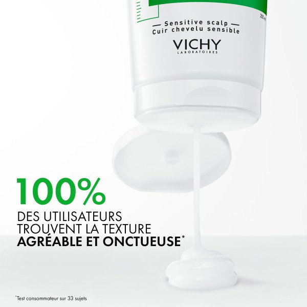 Vichy Dercos, cream pouring from the tube with a consumer test in French