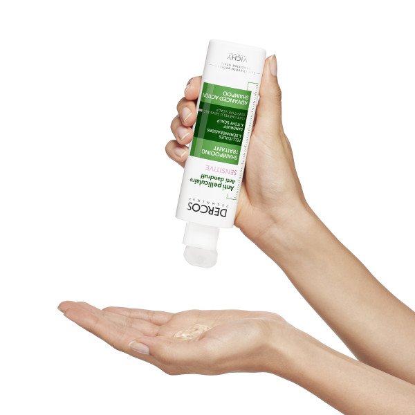 Vichy Dercos, shampoo poured from the bottle into a palm