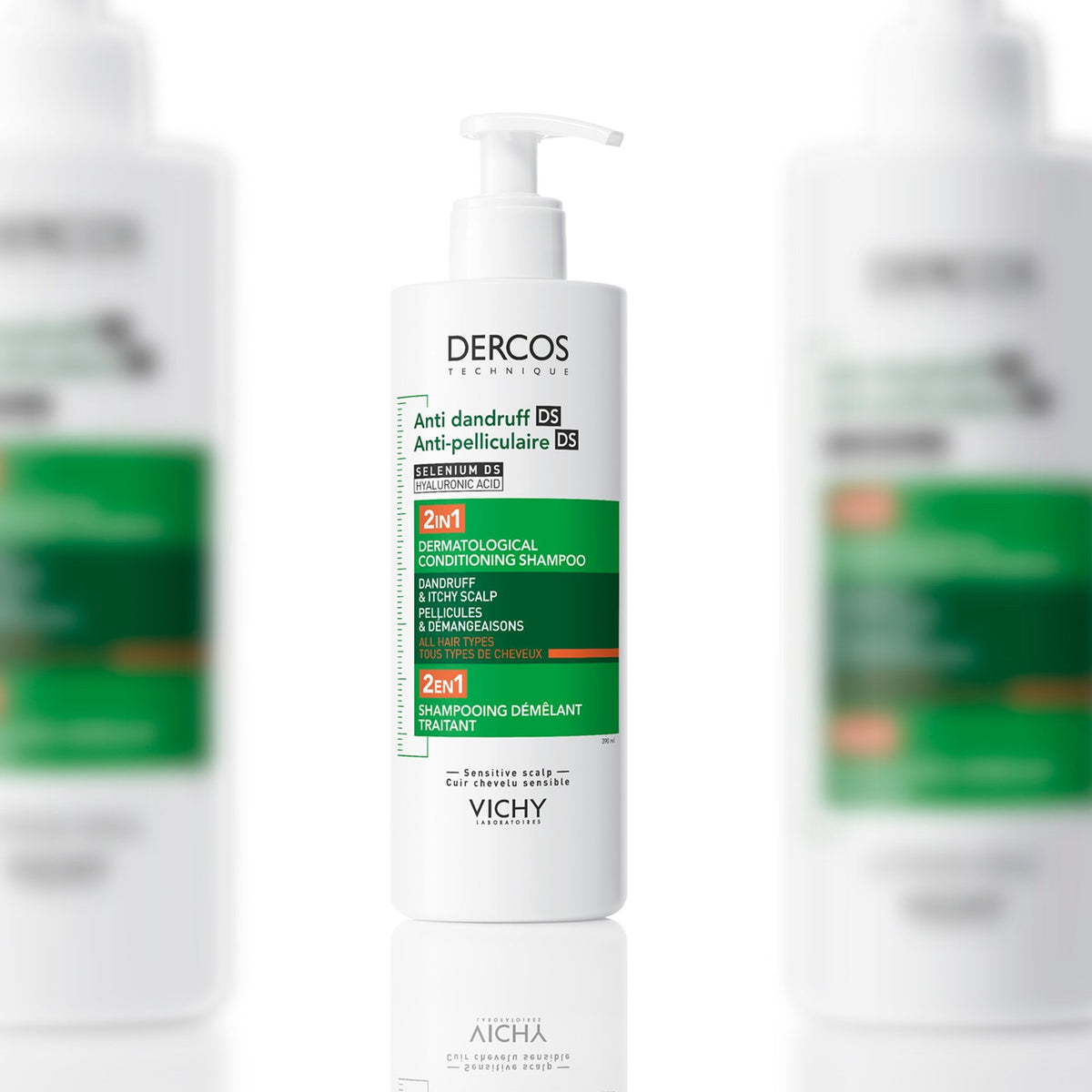 Vichy Dercos DS, pump bottle between two blurred bottles