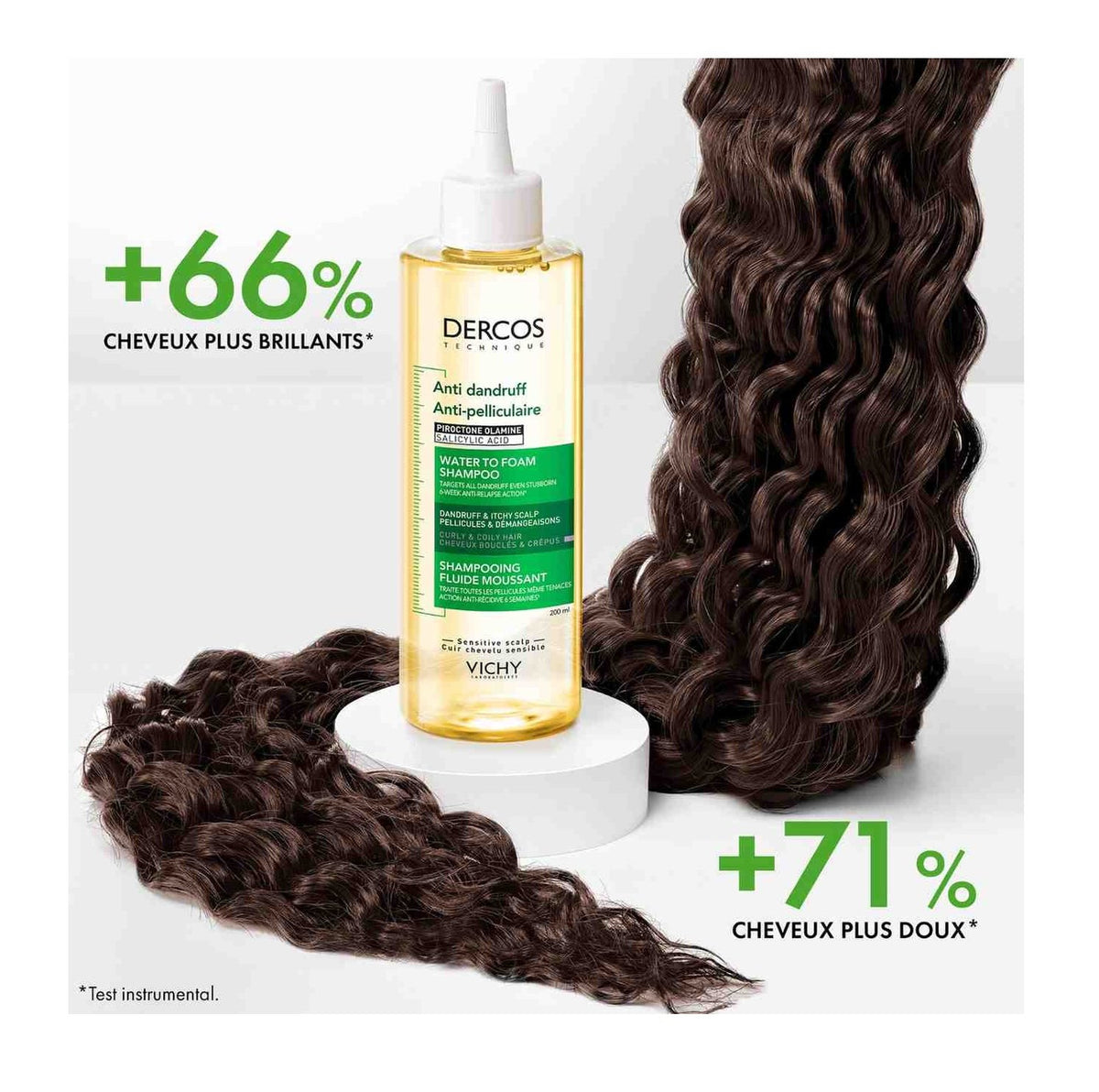 Vichy Dercos, bottle with a lock of curly hair and study results in French