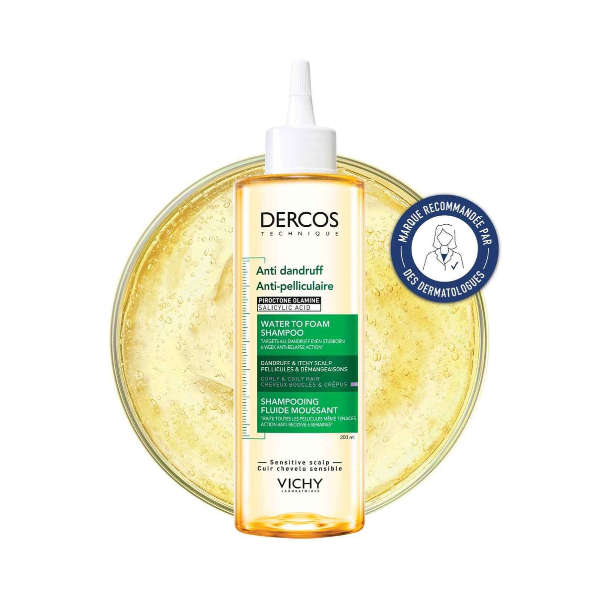 Vichy Dercos, bottle on a gel texture swatch with a badge in French