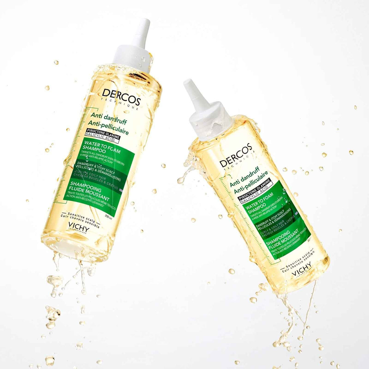 Vichy Dercos, two bottles with water splashes