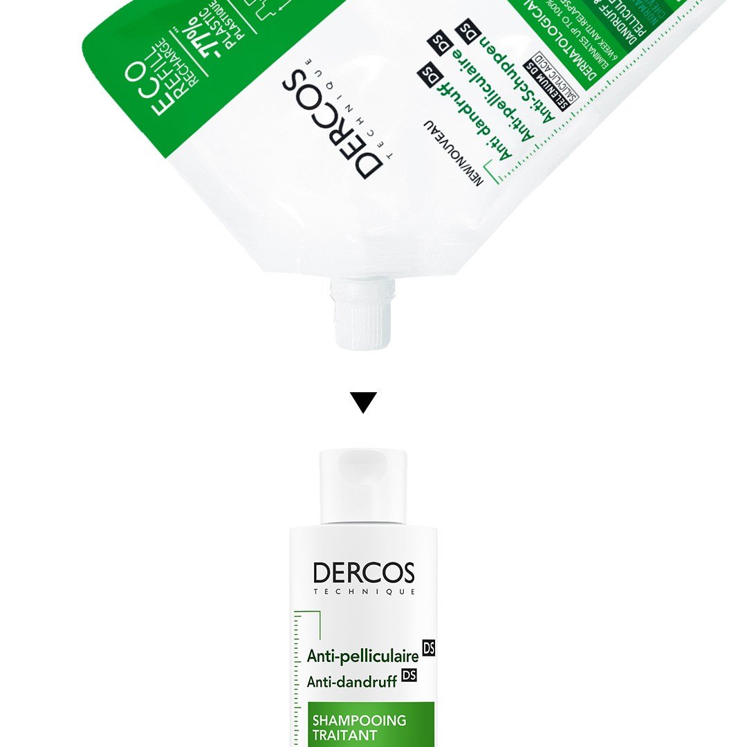 Vichy Dercos DS, refill pouch spout above the bottle with an arrow