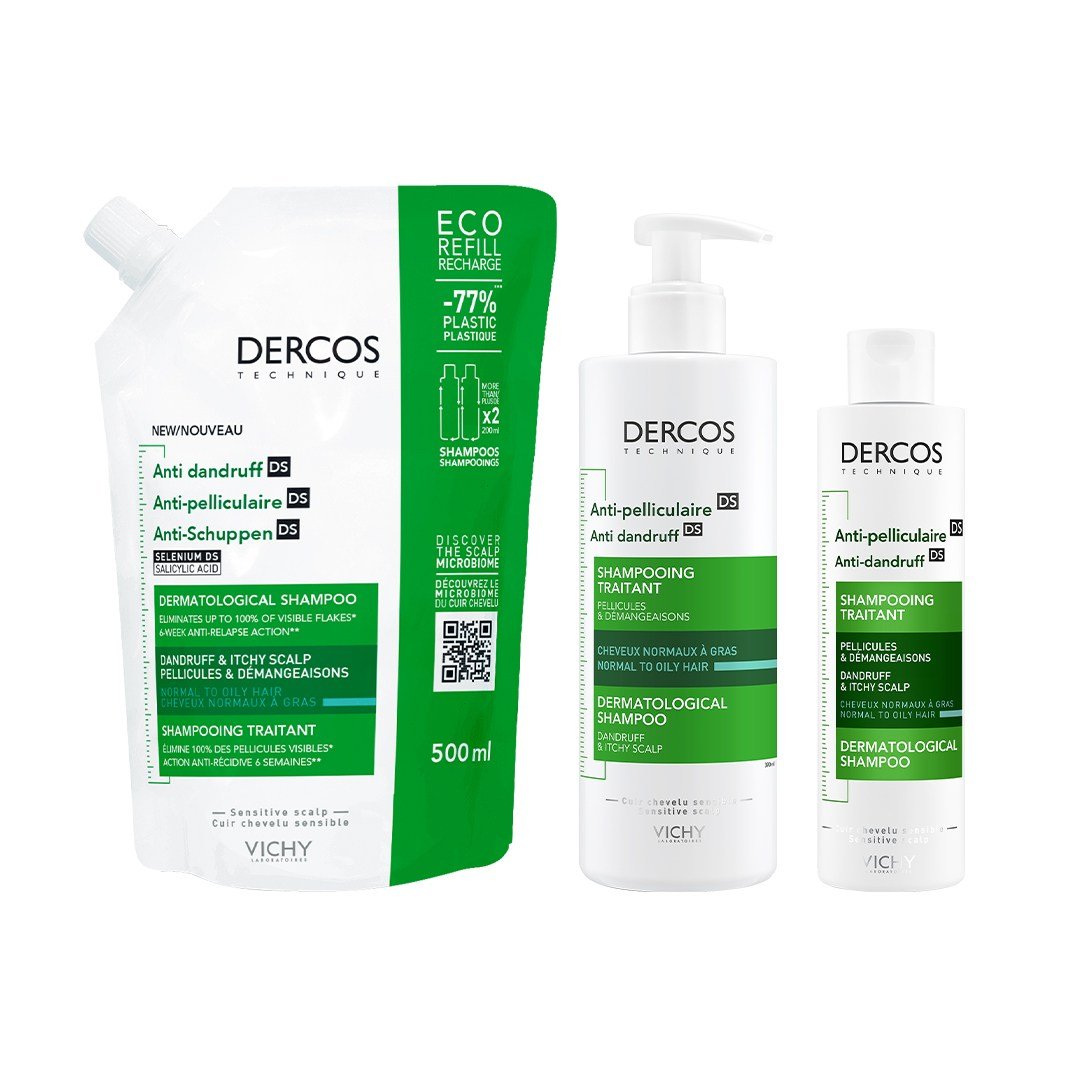 Vichy Dercos DS, refill pouch, pump bottle and bottle side by side