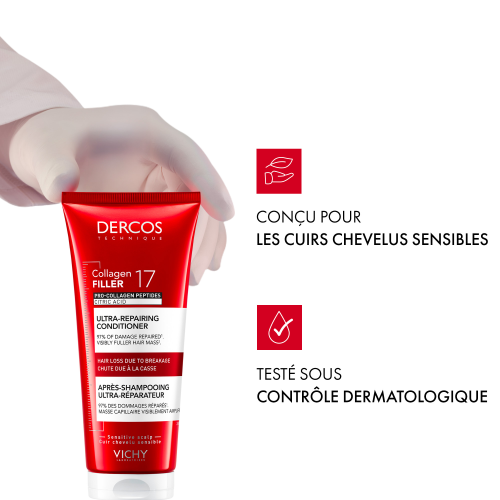 Vichy Dercos Collagen Filler, gloved hand holding the tube with two icons in French