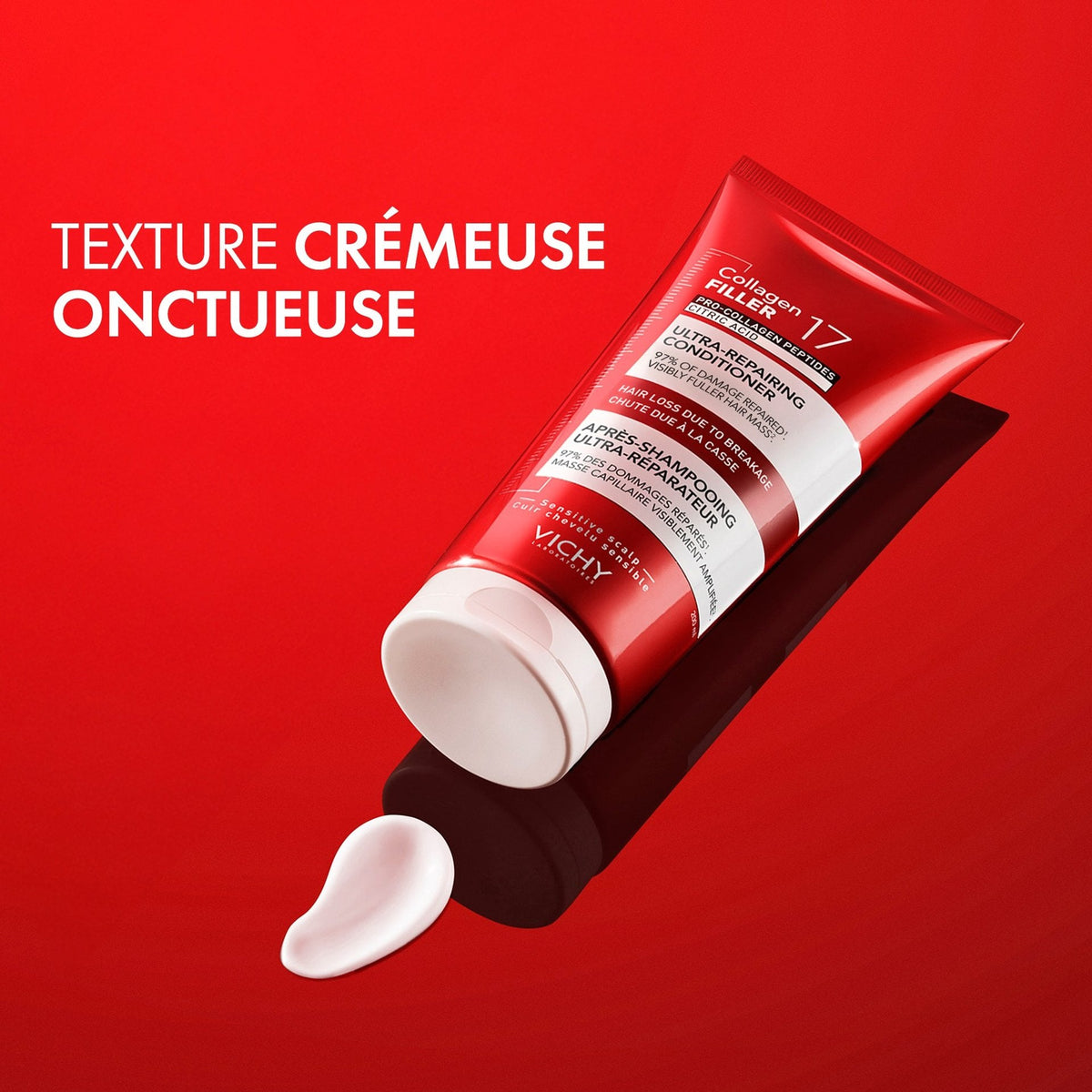 Vichy Dercos Collagen Filler, tube and cream texture swatch on a red background