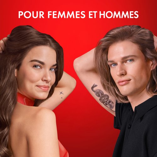 Vichy Dercos Collagen Filler, woman and man with long hair, caption in French