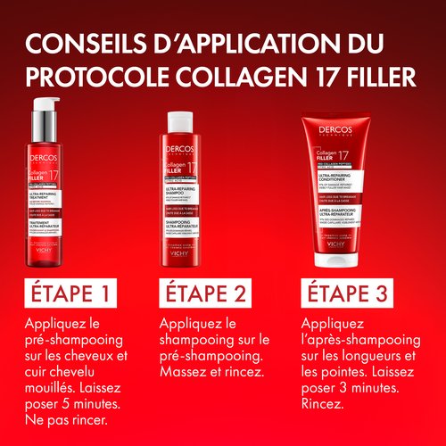 Vichy Dercos Collagen Filler, three-step routine: pre-shampoo, shampoo and conditioner in French