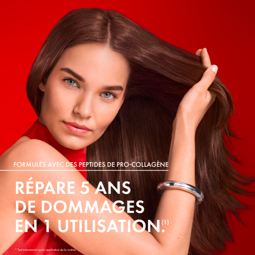 Vichy Dercos Collagen Filler, woman with long brown hair, text in French