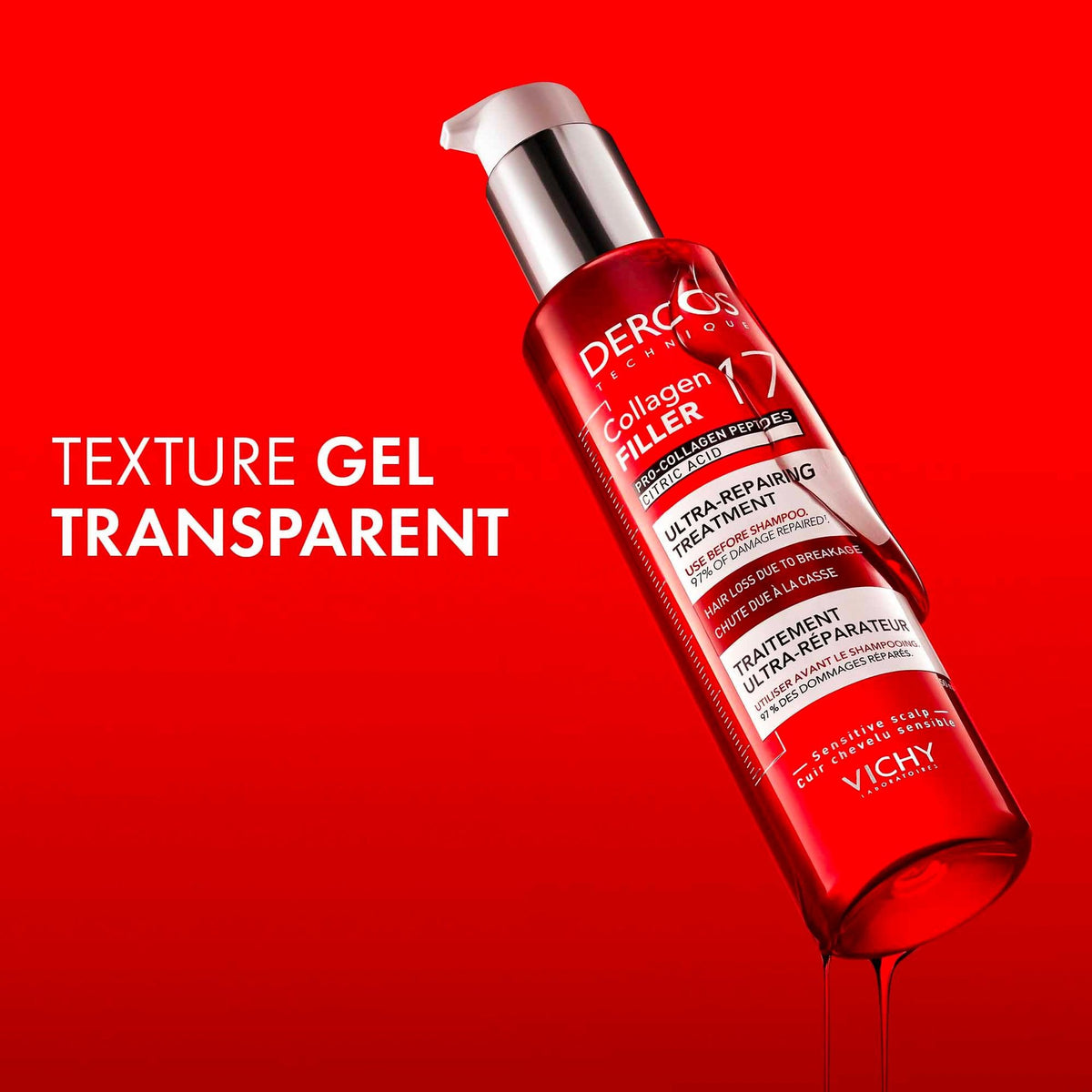 Vichy Dercos Collagen Filler, pump bottle dripping red gel, caption in French