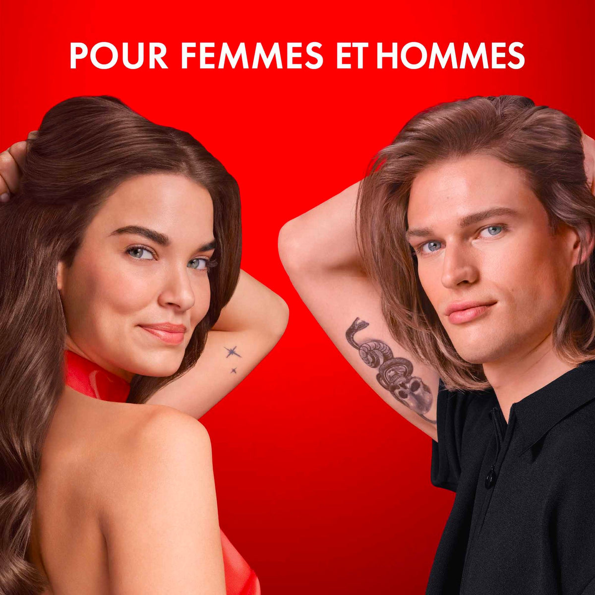 Vichy Dercos Collagen Filler, woman and man with long hair, caption in French