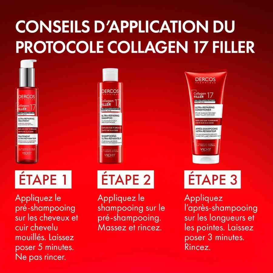 Vichy Dercos Collagen Filler, three-step routine: pre-shampoo, shampoo and conditioner in French