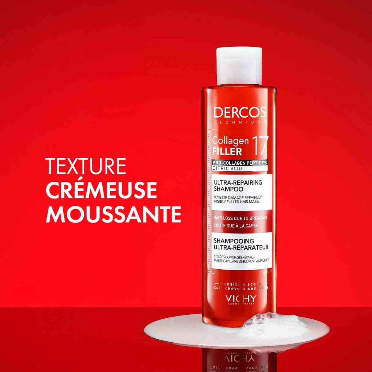 Vichy Dercos Collagen Filler, bottle on a foam swatch with a caption in French