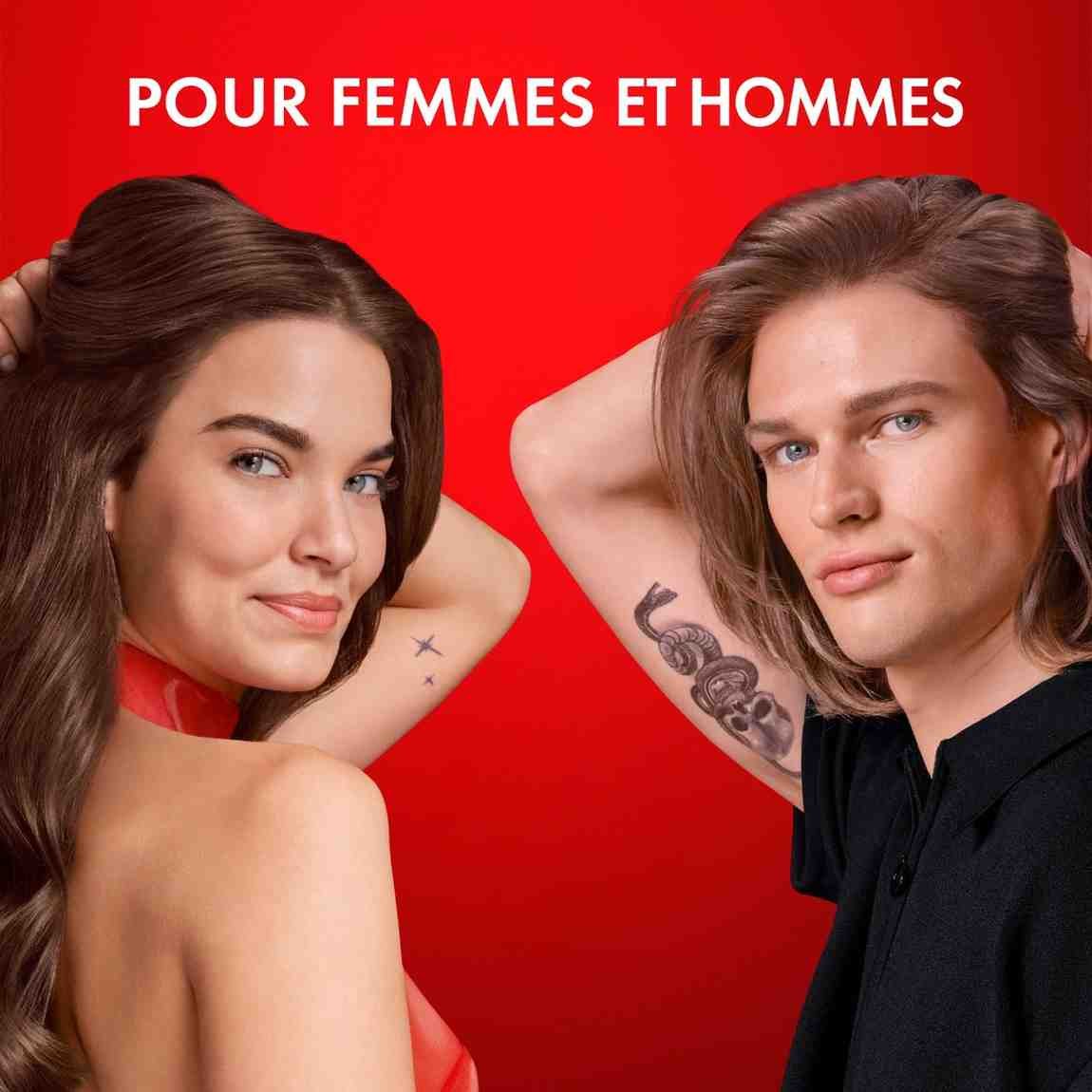 Vichy Dercos Collagen Filler, woman and man with long hair, caption in French