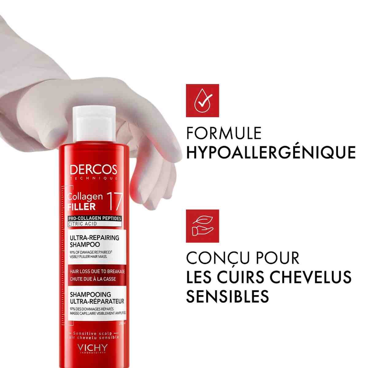 Vichy Dercos Collagen Filler, gloved hand holding the bottle with two icons in French
