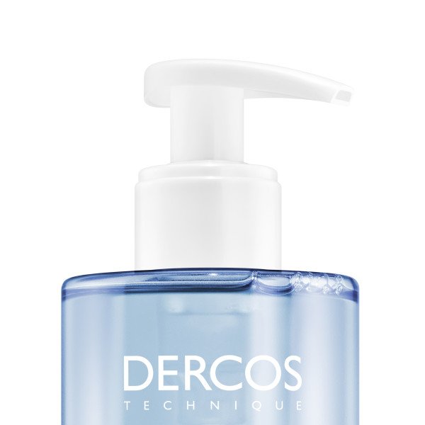Vichy Dercos Mineral Doux, close-up of the blue pump bottle top