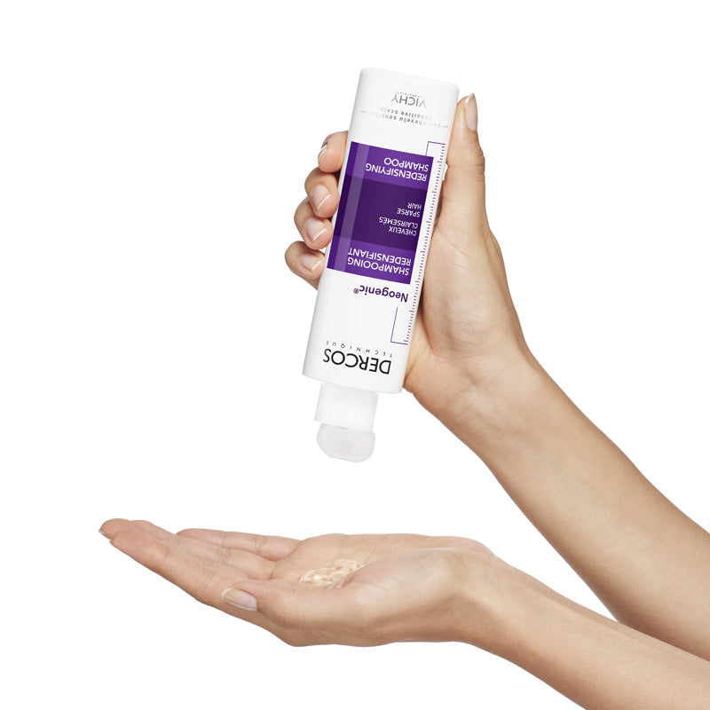 Vichy Dercos Neogenic, shampoo poured from the bottle into a palm