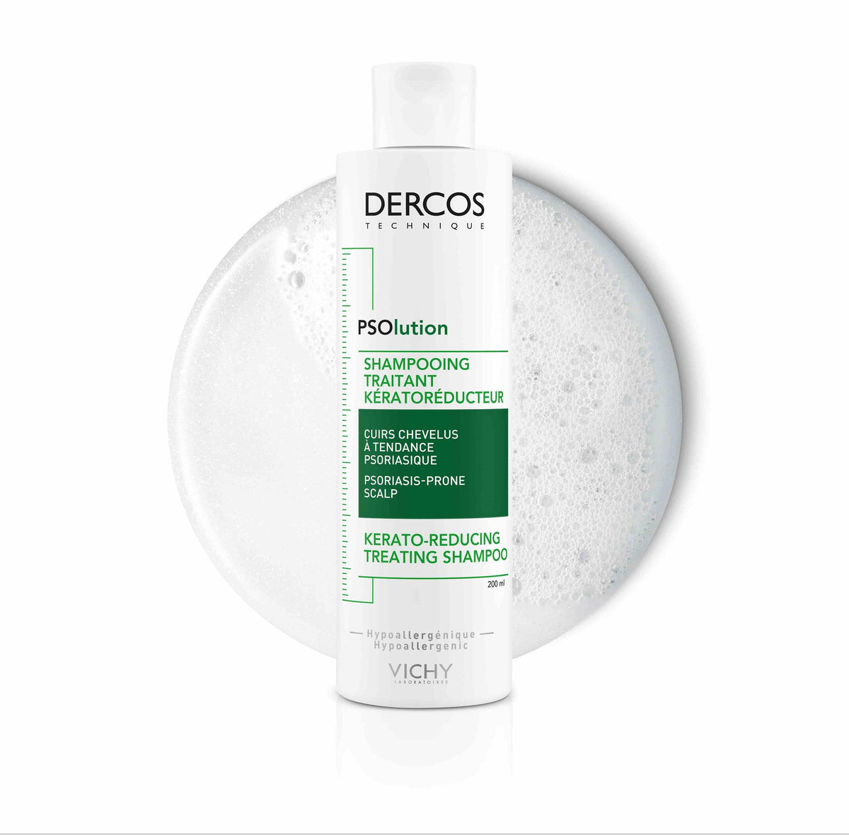 Vichy Dercos PSOlution, bottle on a foam texture swatch