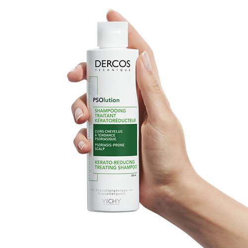 Vichy Dercos PSOlution, hand holding the bottle
