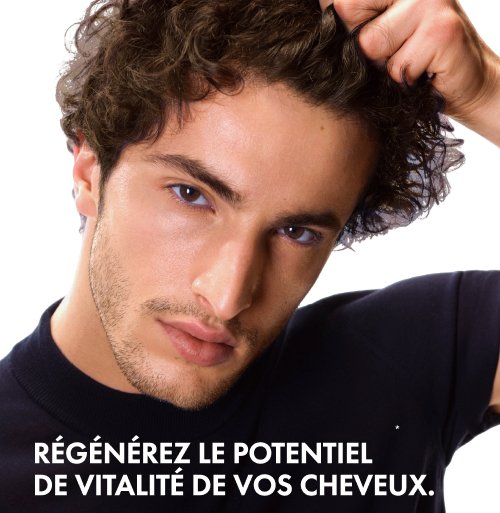 Vichy Dercos R.E.G.E.N. Booster, man running a hand through curly hair, caption in French