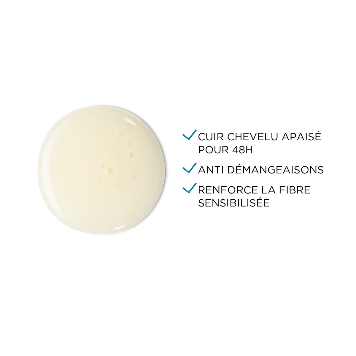 Vichy Dercos Ultra-Apaisant, gel texture swatch with benefits in French