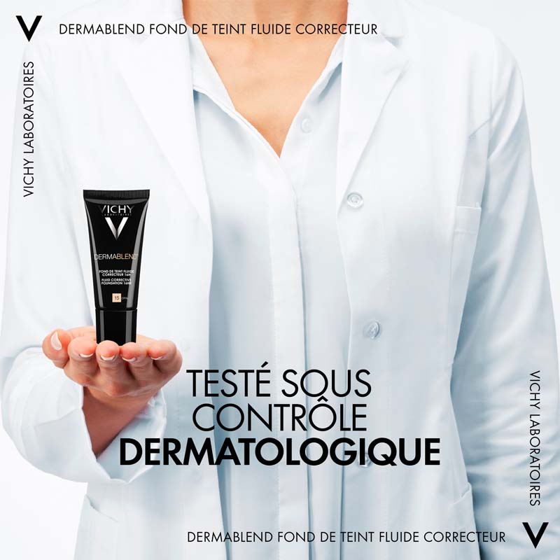 Vichy Dermablend, woman in a lab coat holding the tube, text in French