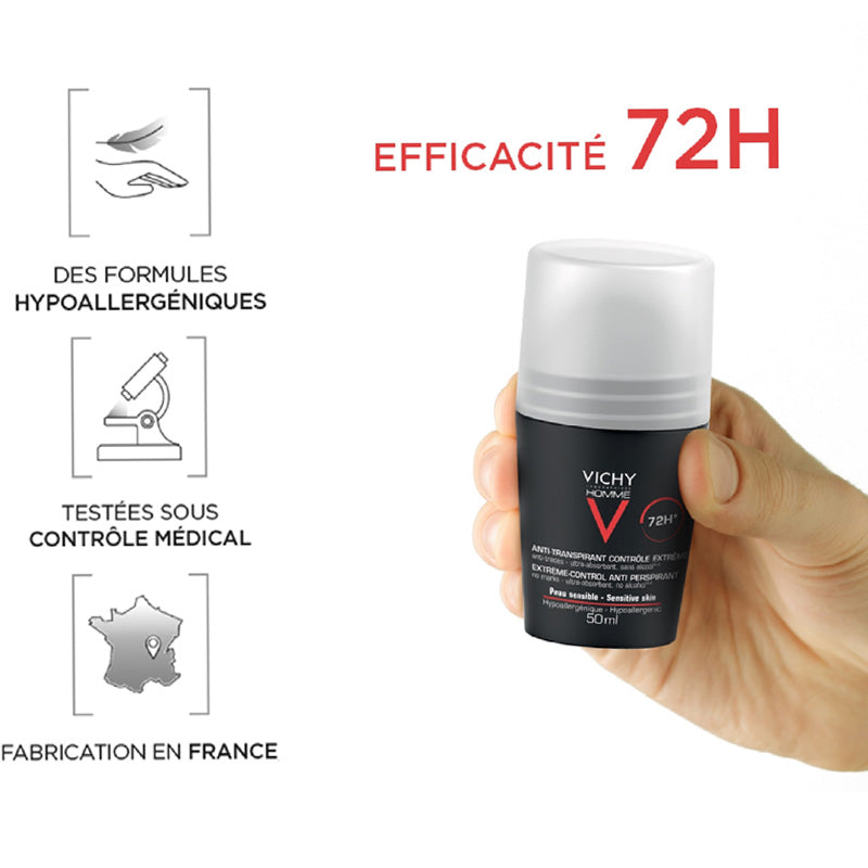Vichy Homme, hand holding the roll-on with three icons in French