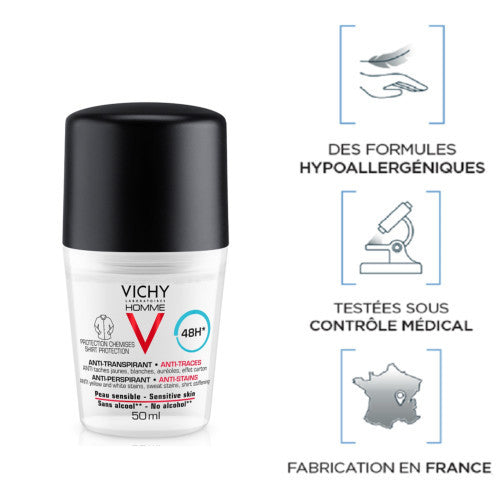 Vichy Homme 48H Anti-Trace Roll-On Deodorant Set of 2 x 50ml, product close-up