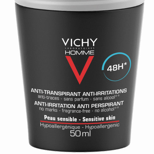 Vichy Homme 48H Anti-Perspirant Roll-On Deodorant for Sensitive Skin, packaging detail