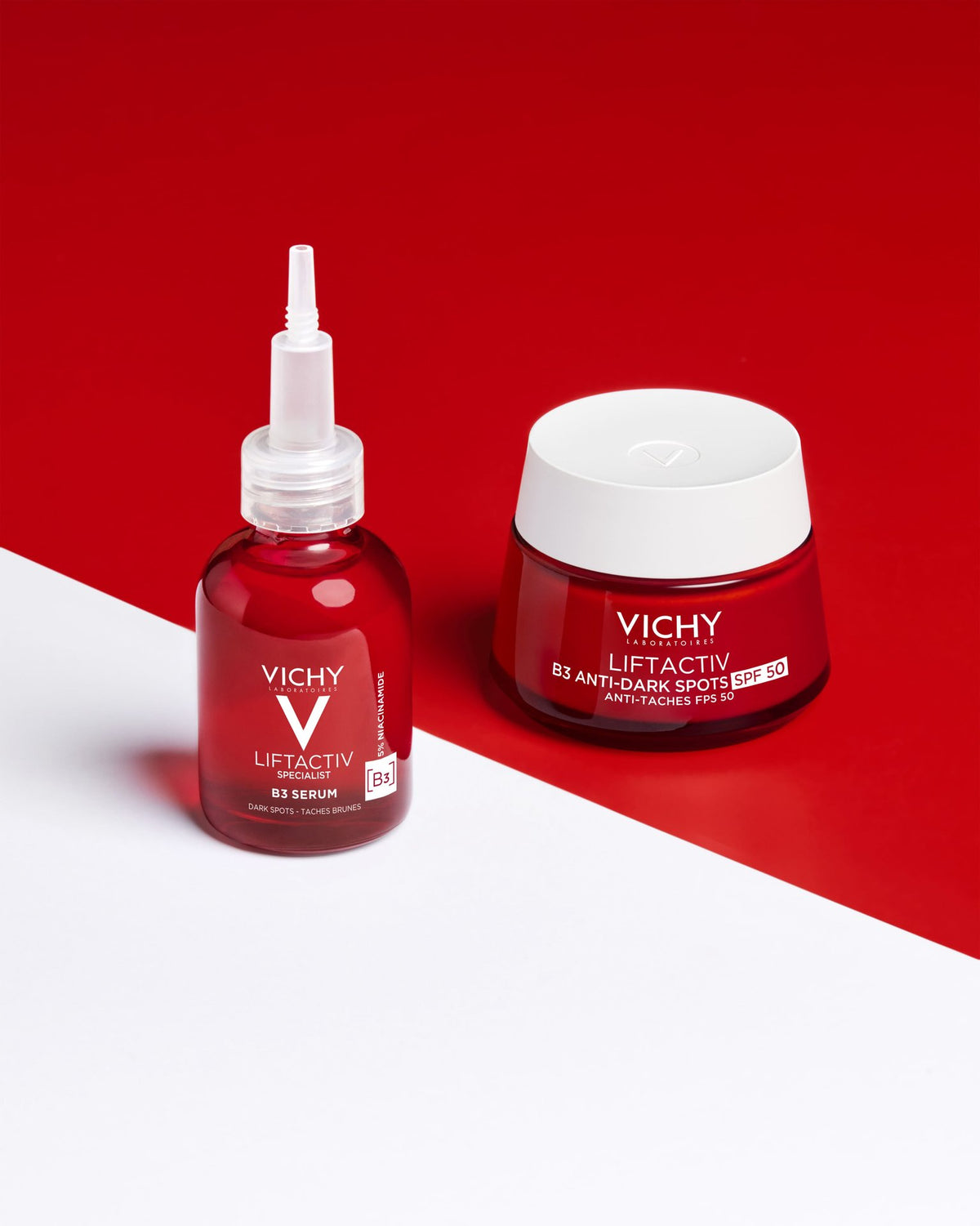 Vichy Liftactiv B3, serum bottle and jar on a red and white background