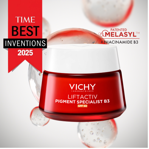 Vichy Liftactiv B3, jar among bubbles with an award banner