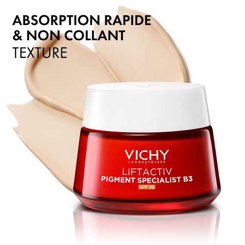 Vichy Liftactiv B3, jar and cream texture swatch, text in French