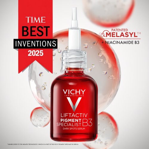 Vichy Liftactiv Specialist B3, dropper bottle among bubbles with an award banner