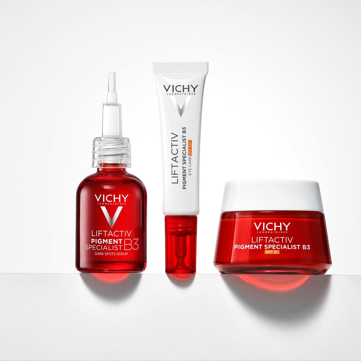 Vichy Liftactiv B3, serum, eye cream tube and day cream jar side by side