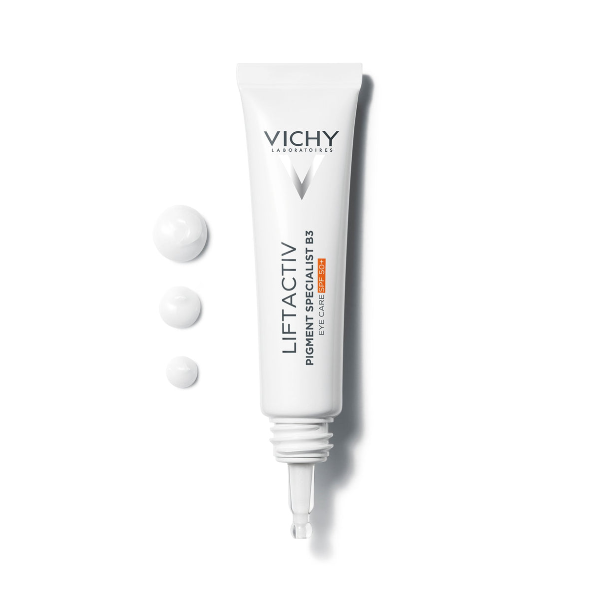 Vichy Liftactiv B3, tube with the cap off beside three dots of cream