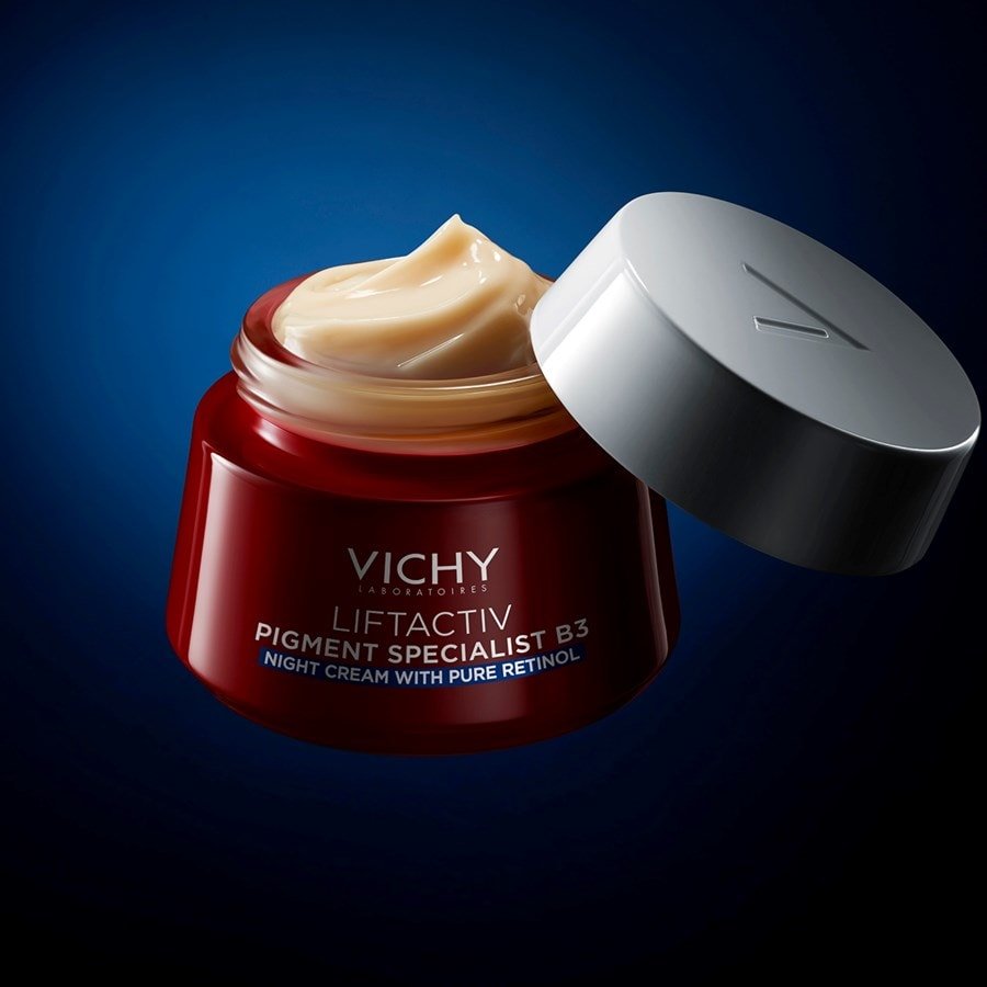 Vichy Liftactiv B3, open jar showing the cream on a dark blue background
