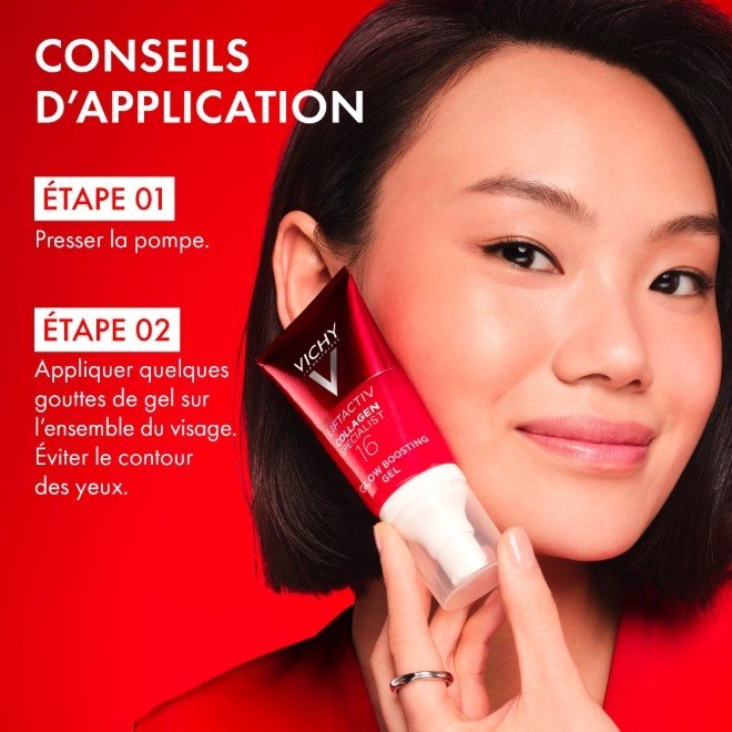 Vichy Liftactiv Collagen Specialist, woman holding the pump bottle, two-step directions in French