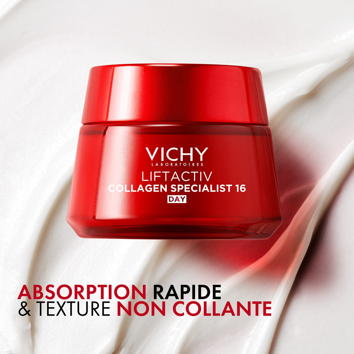 Vichy Liftactiv Collagen Specialist, jar on a bed of cream, text in French