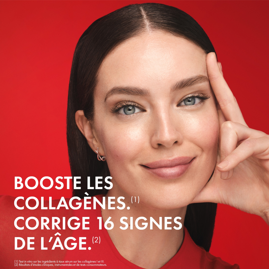 Vichy Liftactiv Collagen Specialist, smiling woman touching her temple, text in French