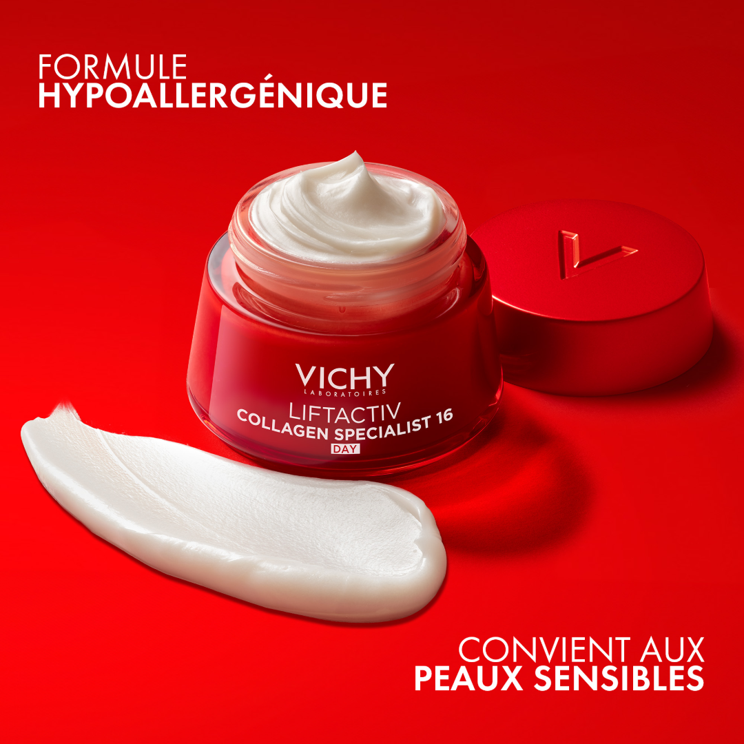 Vichy Liftactiv Collagen Specialist, open jar and cream texture swatch, text in French