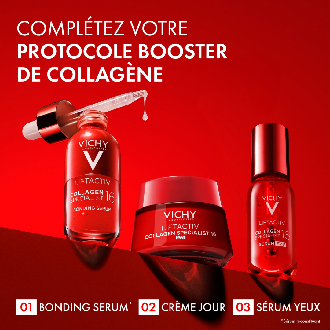 Vichy Liftactiv Collagen Specialist, three-step routine with the bonding serum, day cream and eye serum