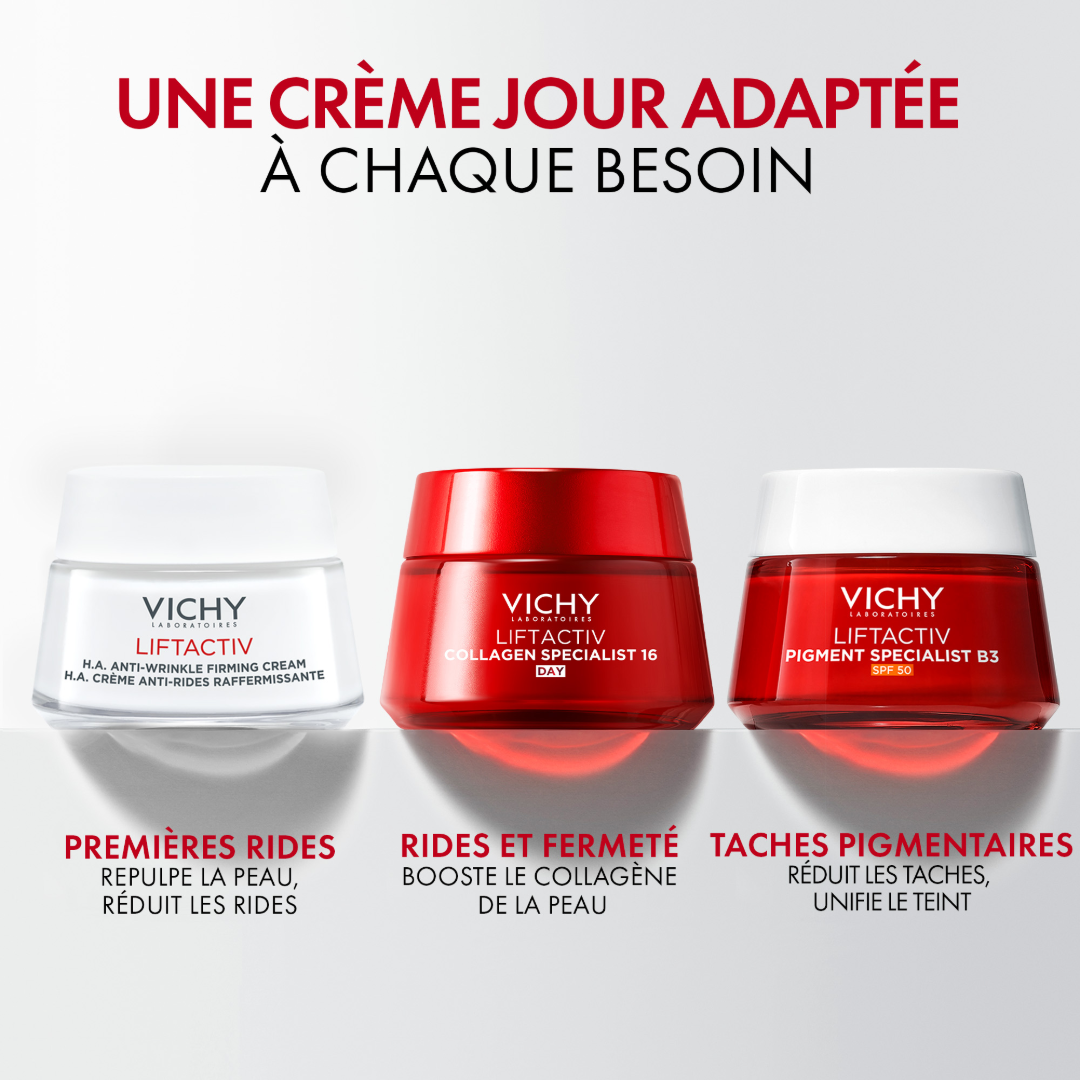 Vichy Liftactiv Collagen Specialist, range of three day cream jars side by side