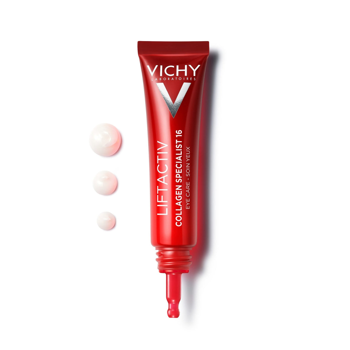 Vichy Liftactiv Collagen Specialist, tube with the cap off beside three dots of cream