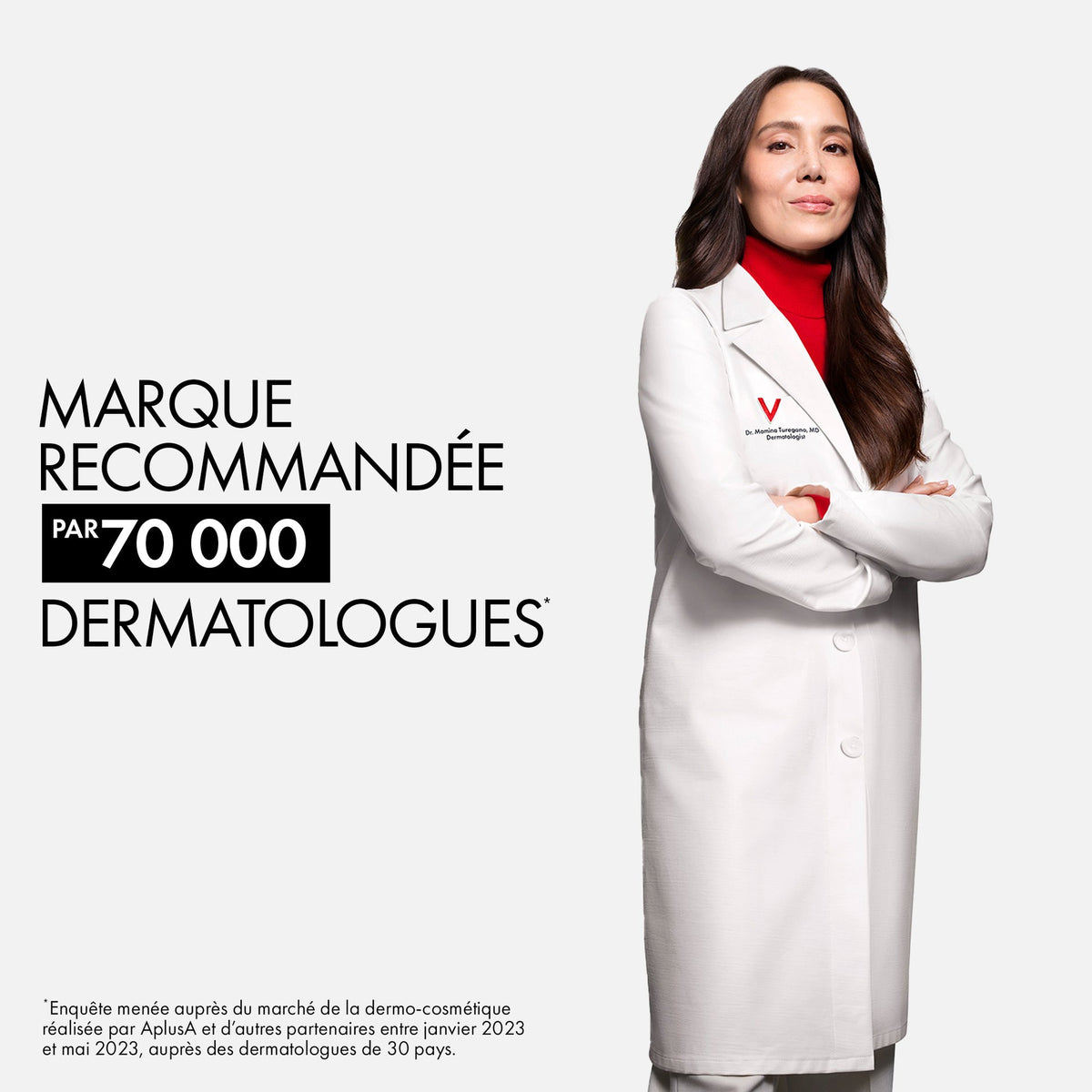 Vichy Liftactiv Collagen Specialist, woman in a white coat with arms crossed, text in French