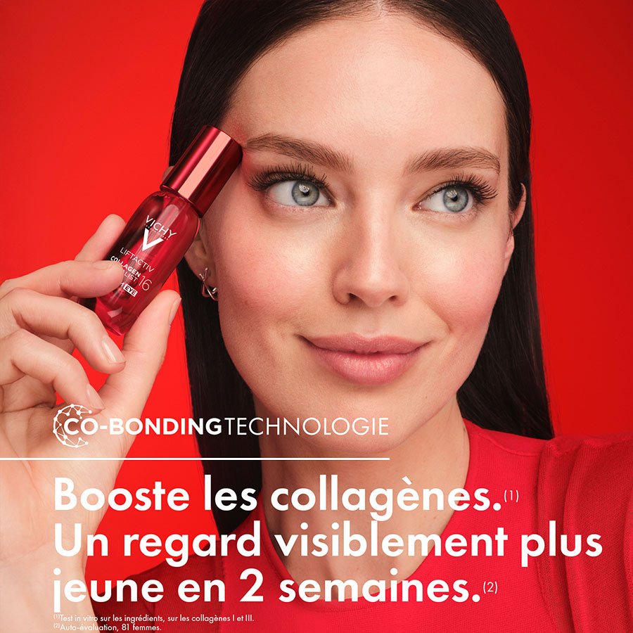 Vichy Liftactiv Collagen Specialist, woman holding the bottle near her eye, text in French