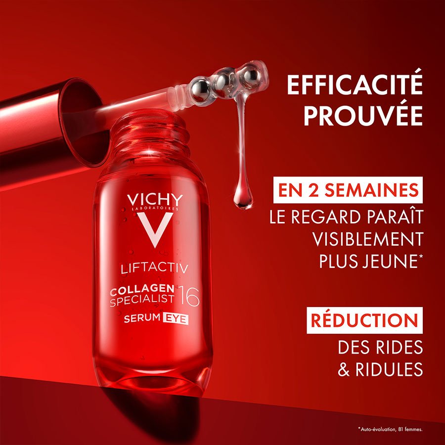 Vichy Liftactiv Collagen Specialist, bottle and roller applicator with study results in French